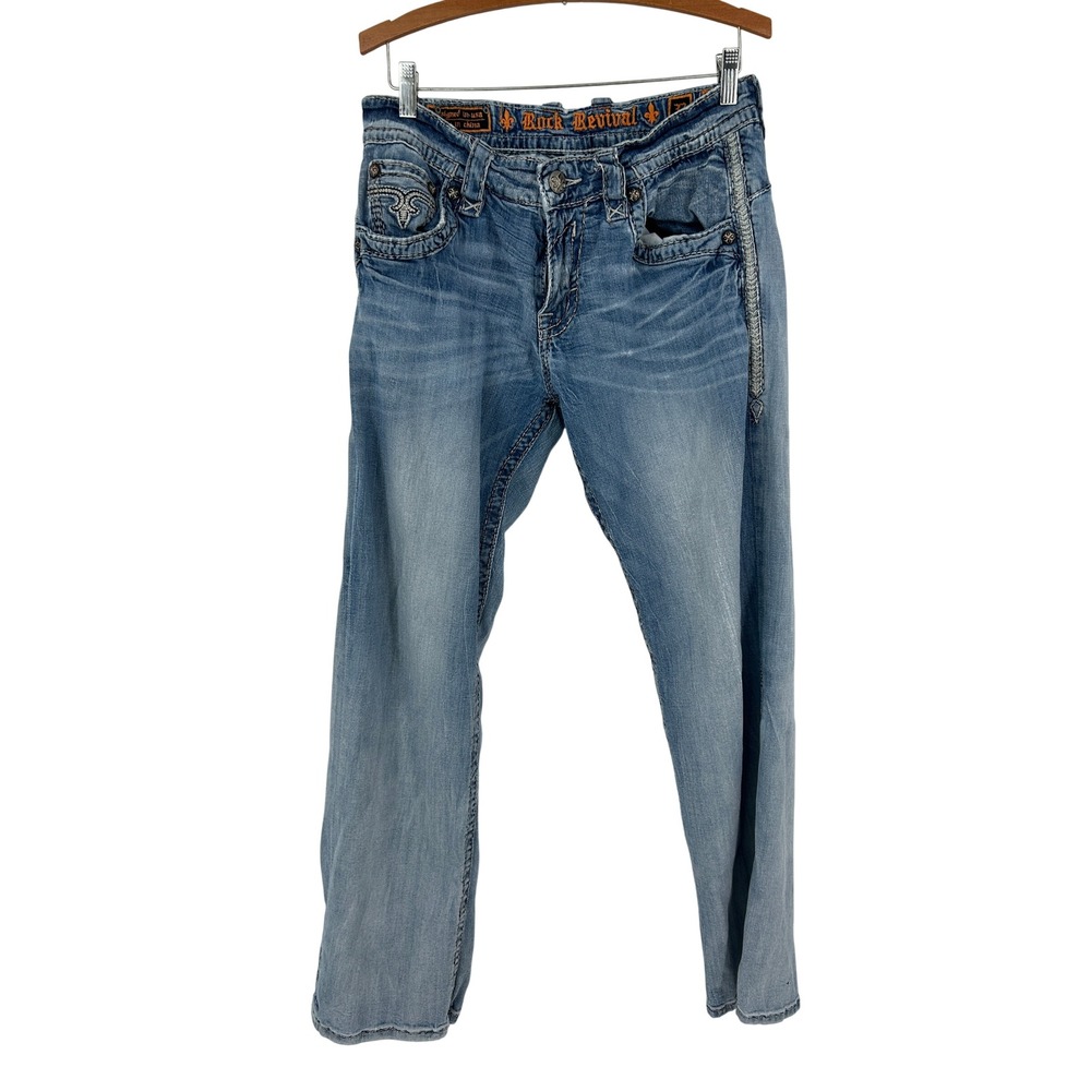 Rock Revival Jeans Mens 32 Addox Relaxed Straight Y2K Distressed Embroidered